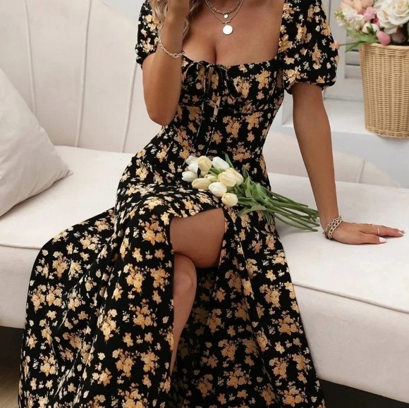 Black Boho Womens Allover Floral Knot Split Thigh A-line Dress - Picture 1 of 5
